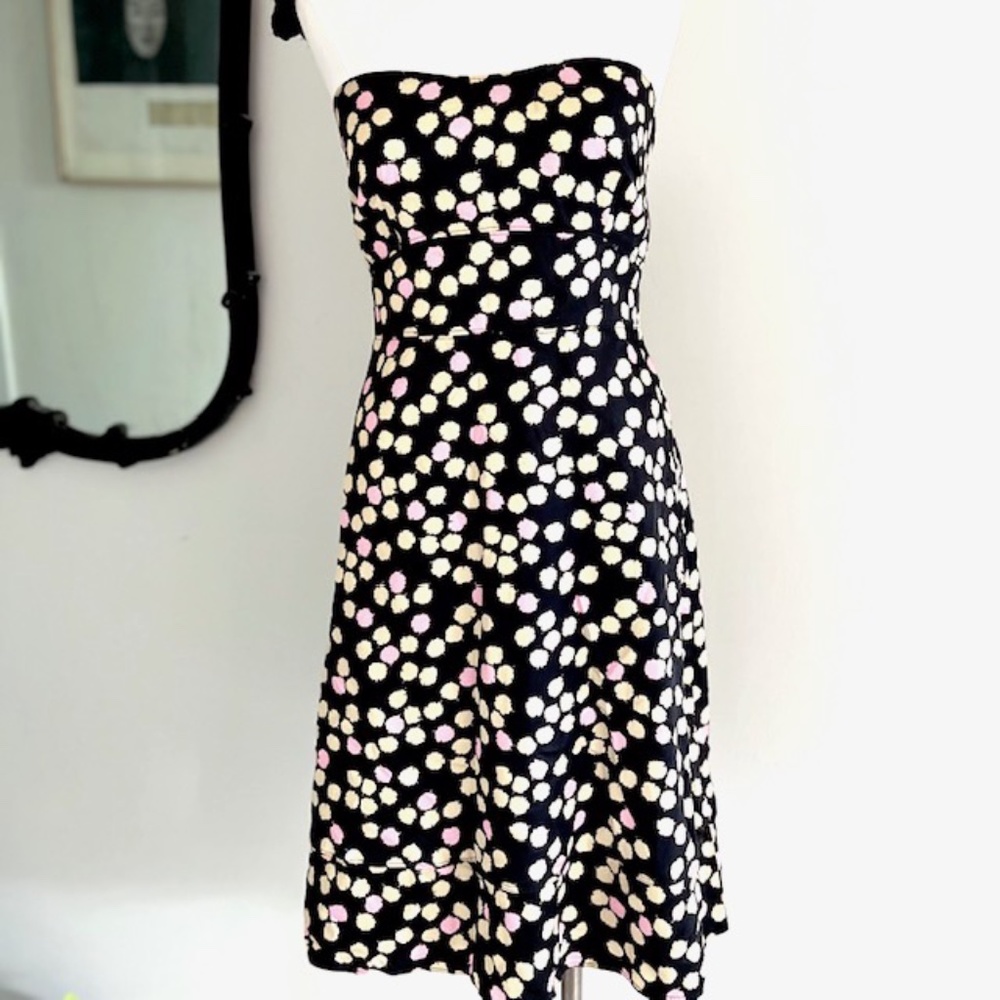 J.Crew 100% Silk Black with Pink & Tan Abstract Pattern Strapless Dress NWT